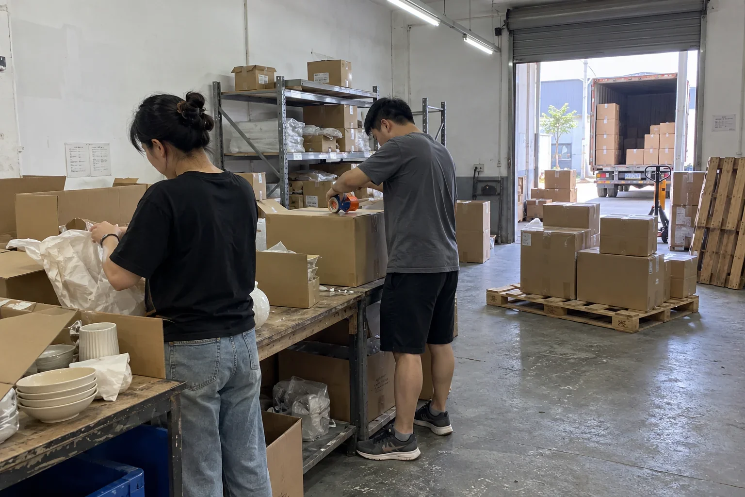 Illustrative phone-style packing scene with plain cartons ready for consolidation.