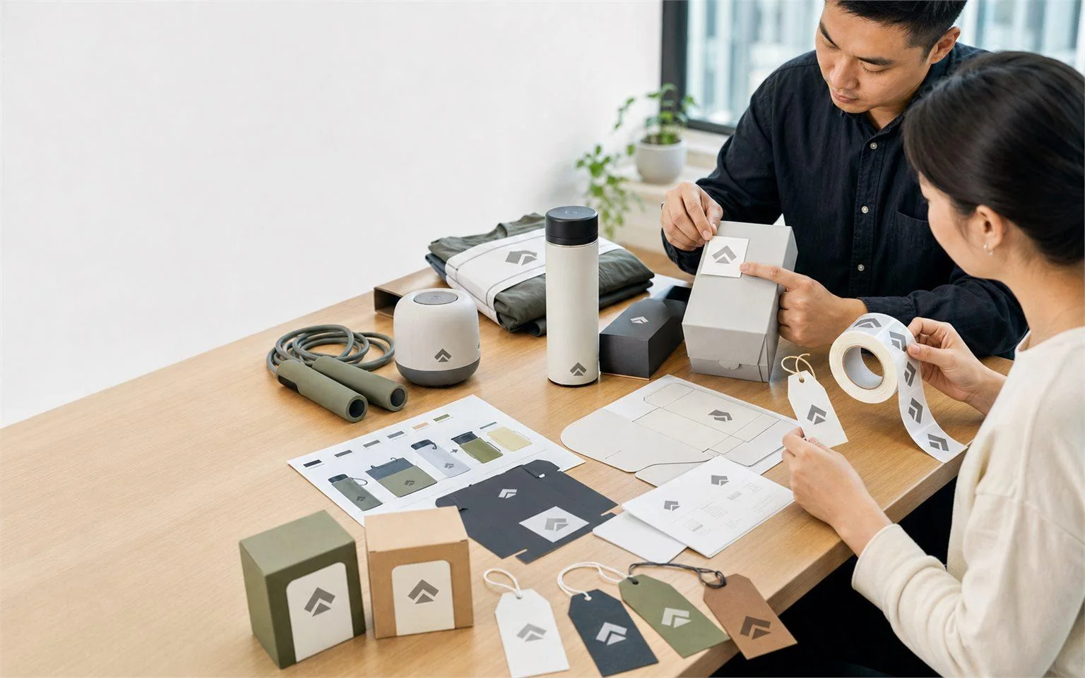 A sourcing team reviewing branded bottles, textiles, packaging and fitness accessories