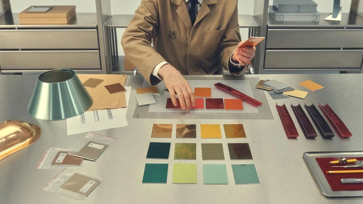Color and material swatches being compared at a workshop desk