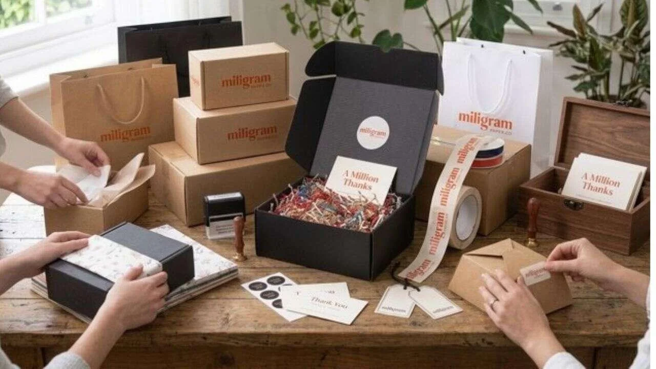 Hands preparing branded boxes and packaging materials