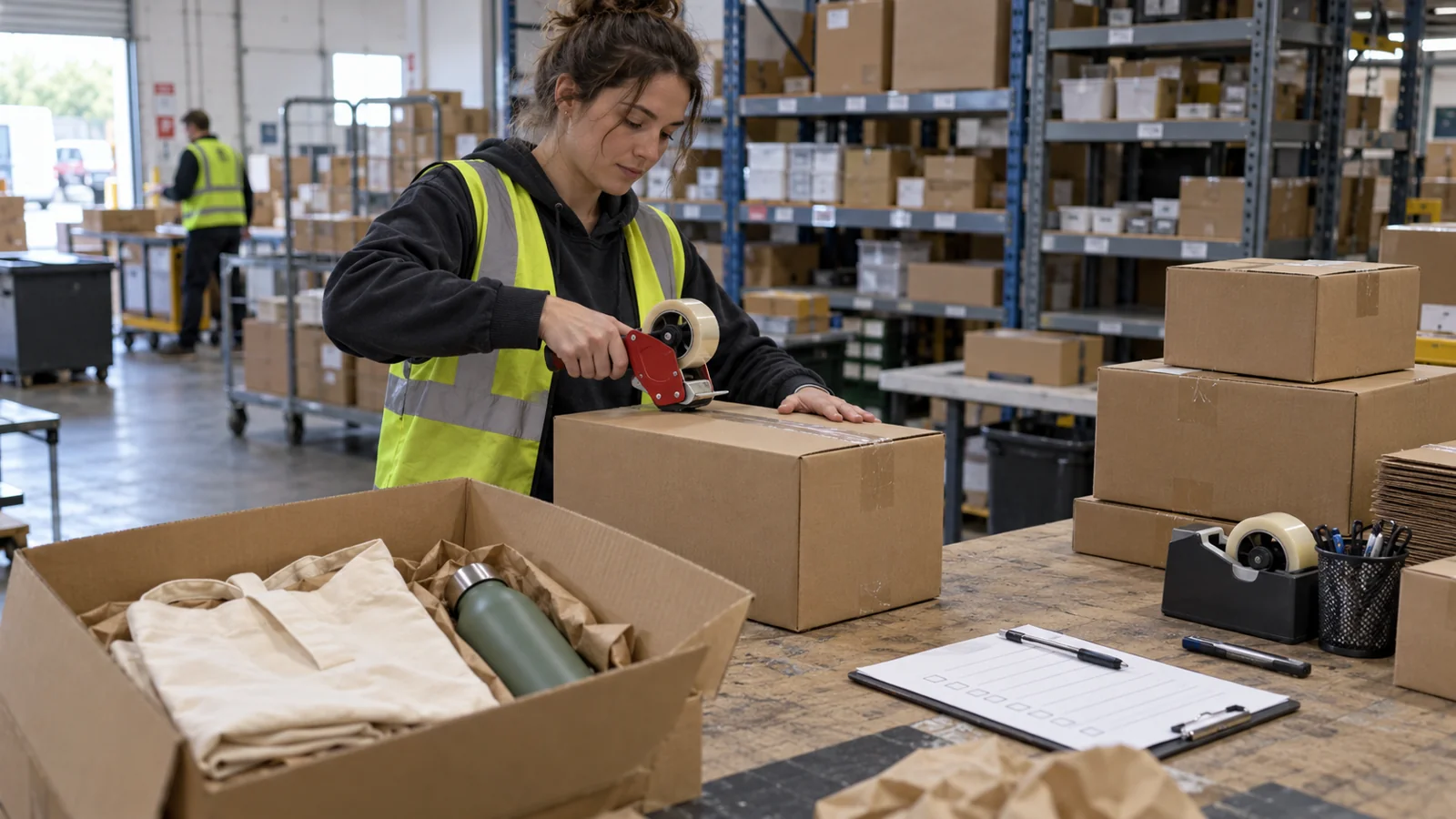 An individual parcel being prepared on a dispatch bench