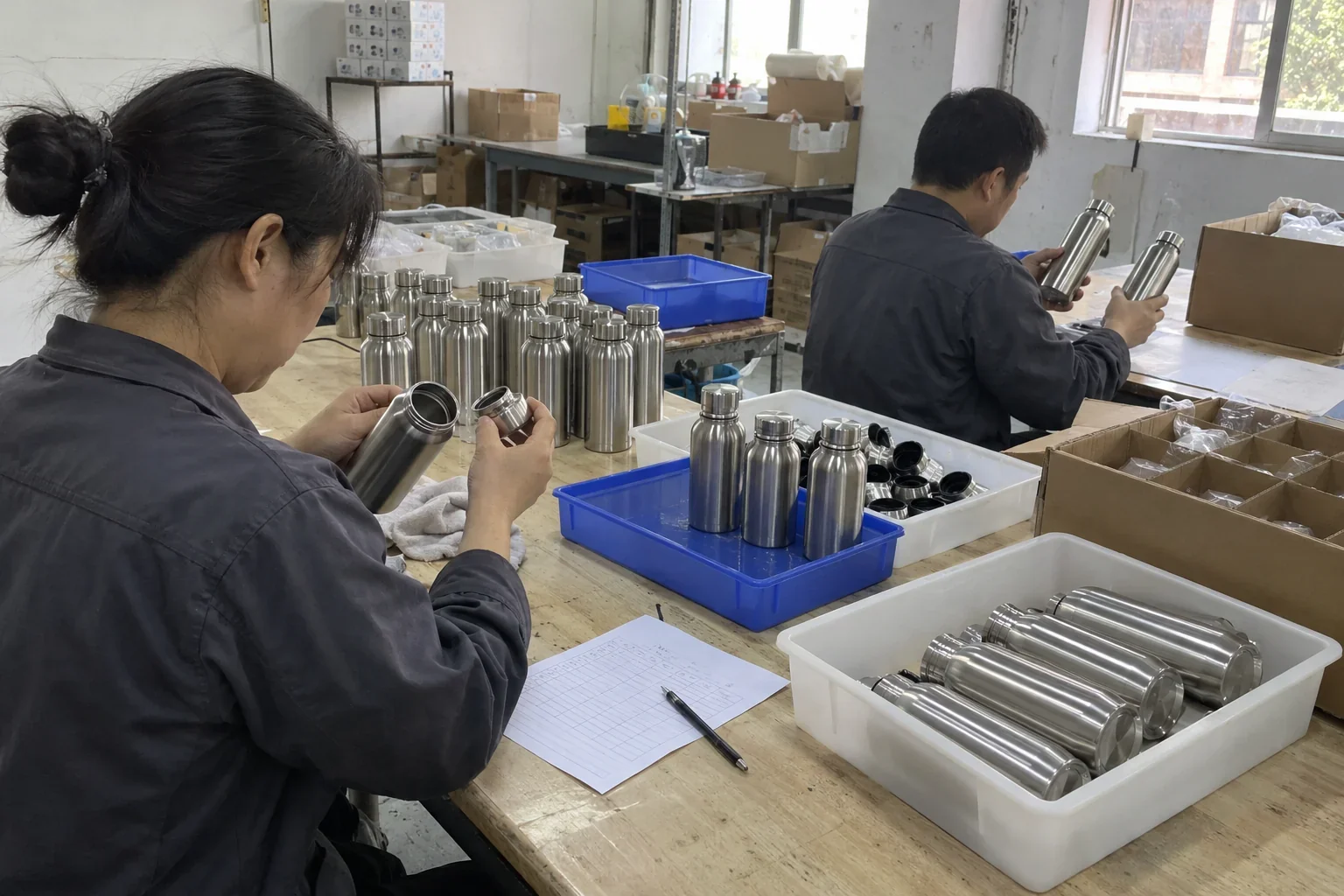 Drinkware being checked at a workbench before packing