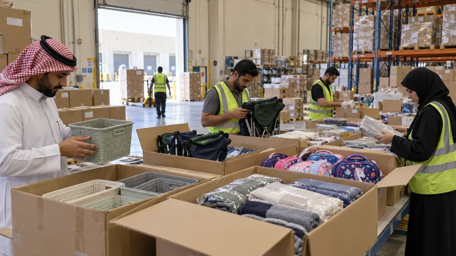 Mixed goods and cartons being reviewed in a warehouse