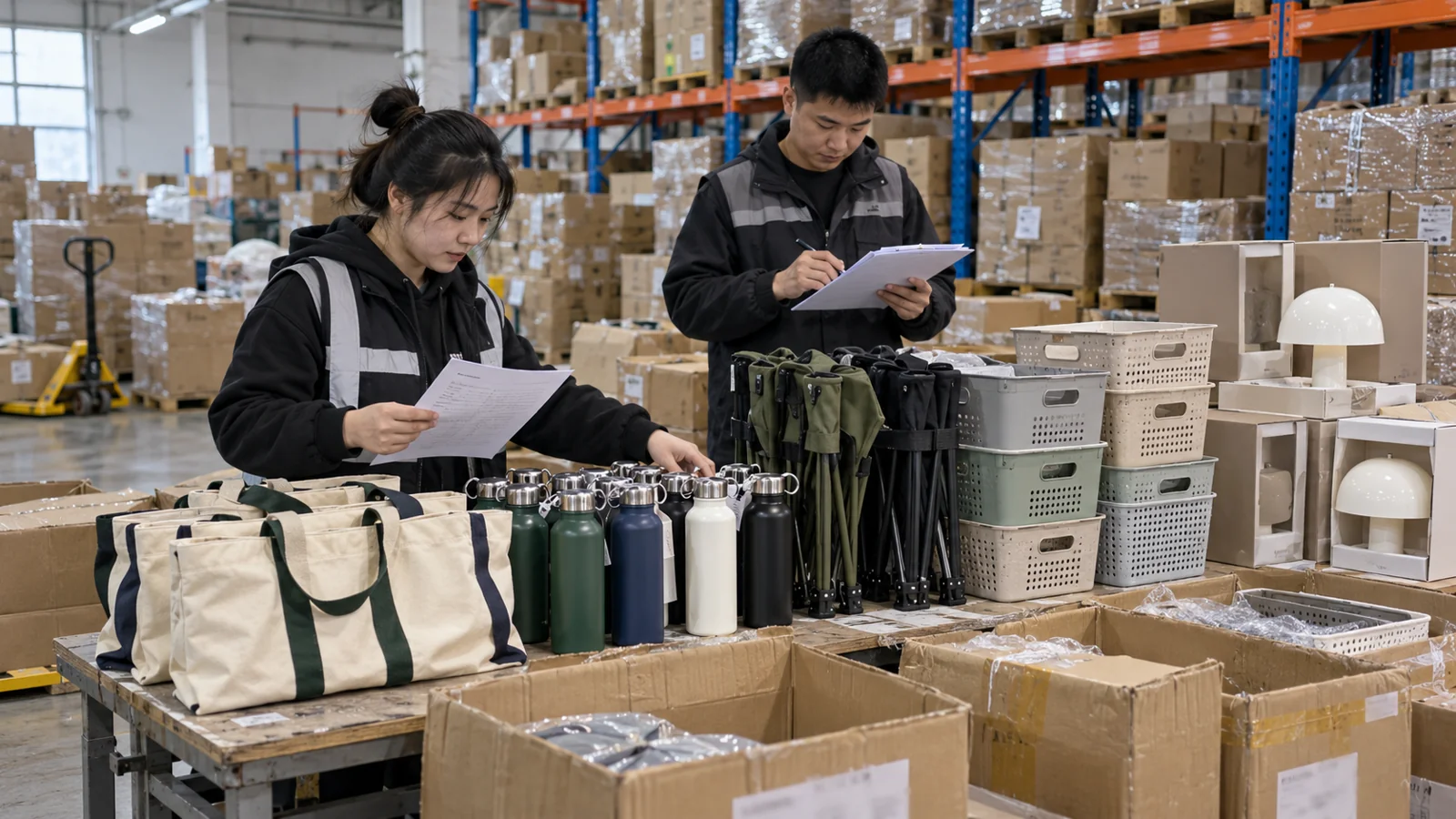 Staff reviewing multiple product categories at a consolidation worktable