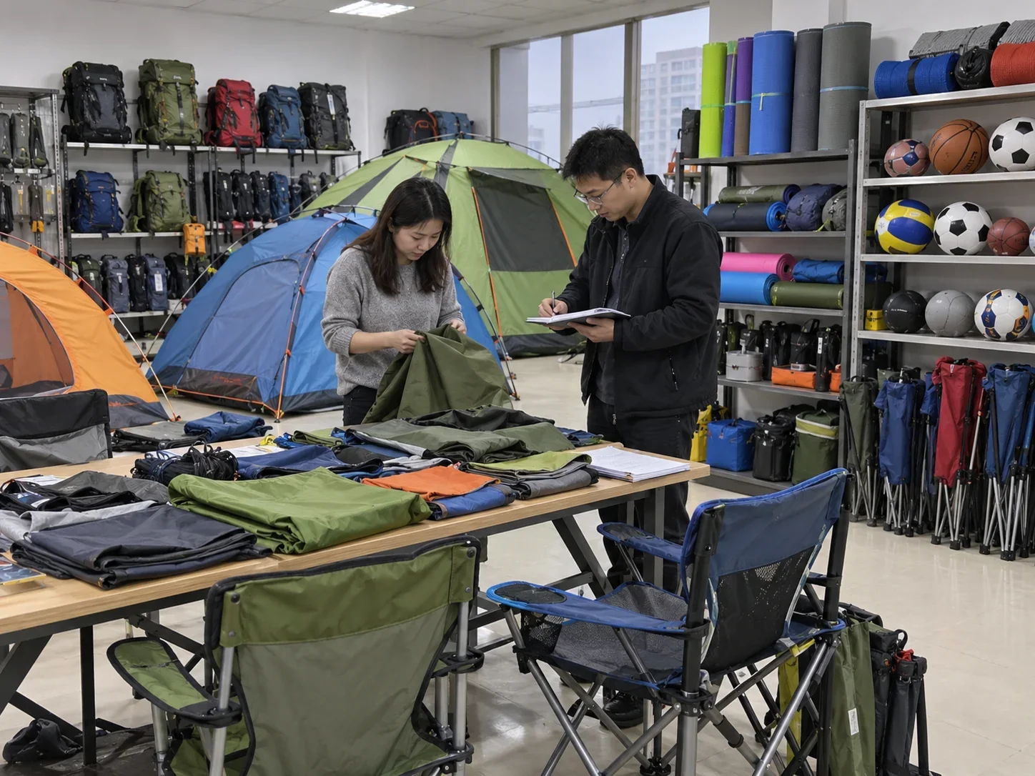 Camping and fitness products in a sample room