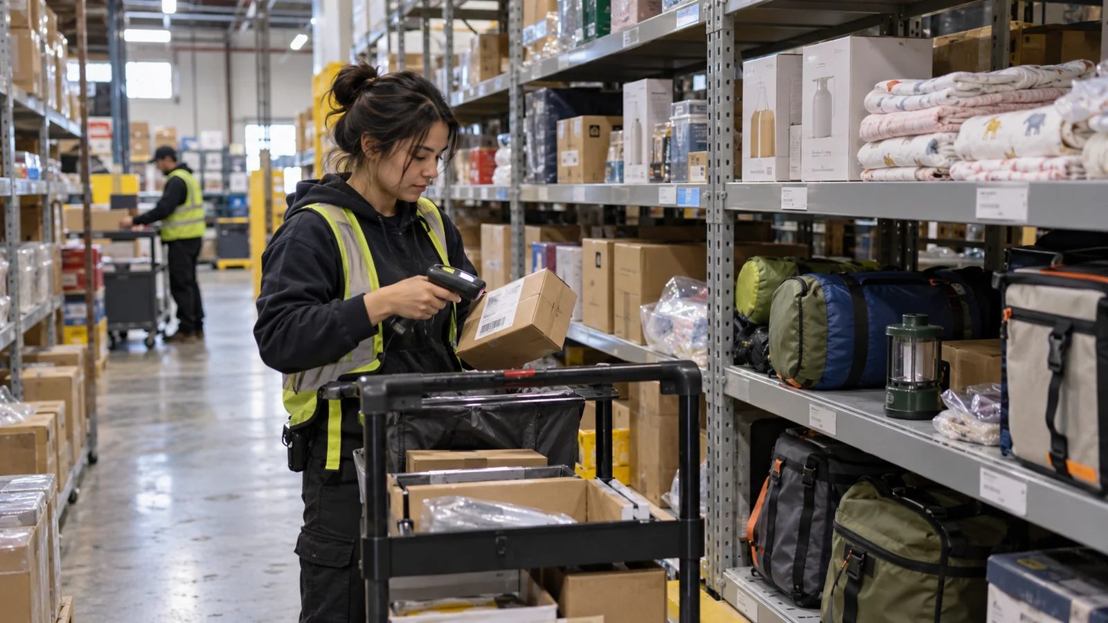 A warehouse worker scanning a parcel beside a picking trolley