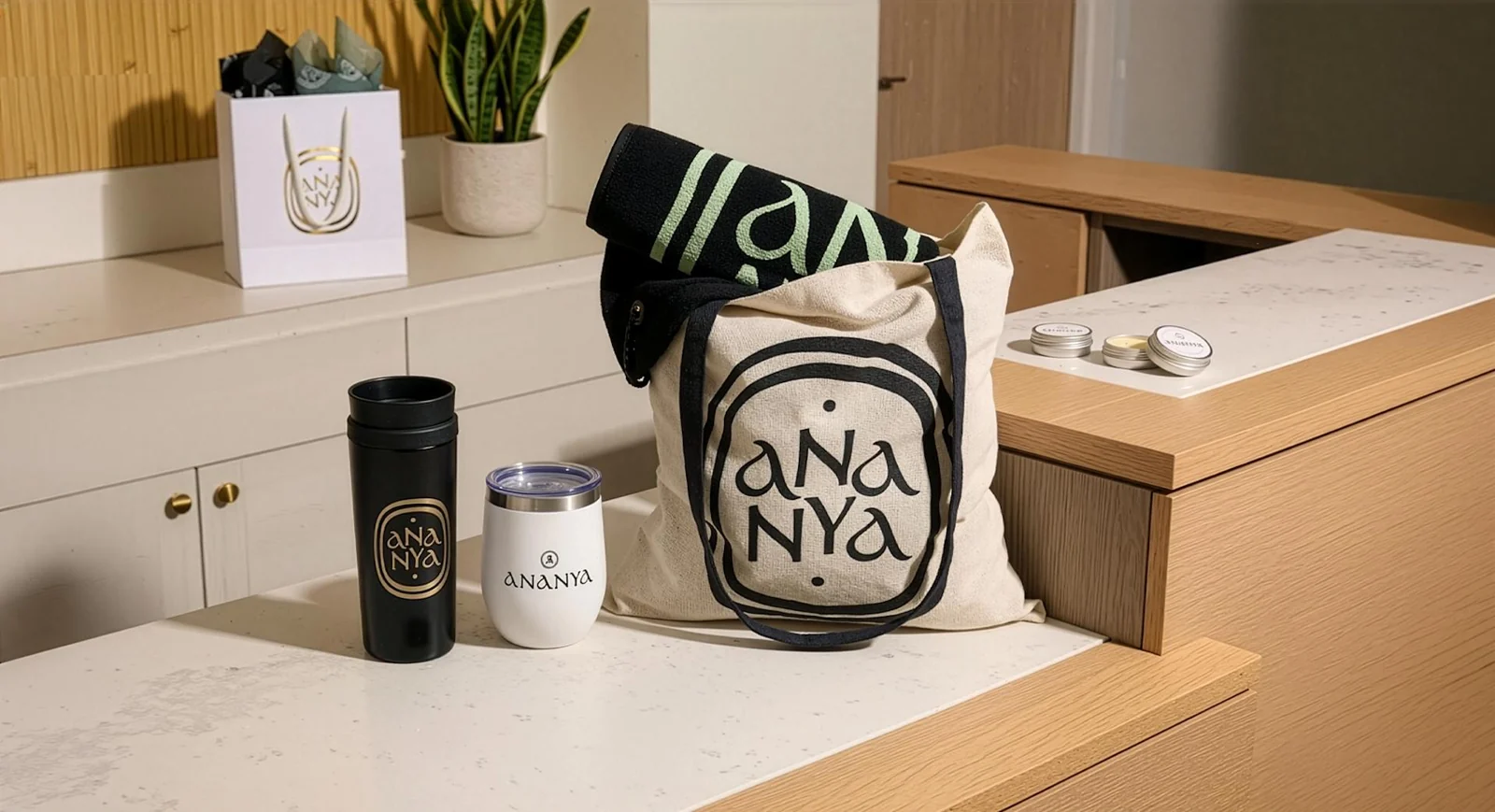 Branded drinkware, a canvas bag and everyday product samples