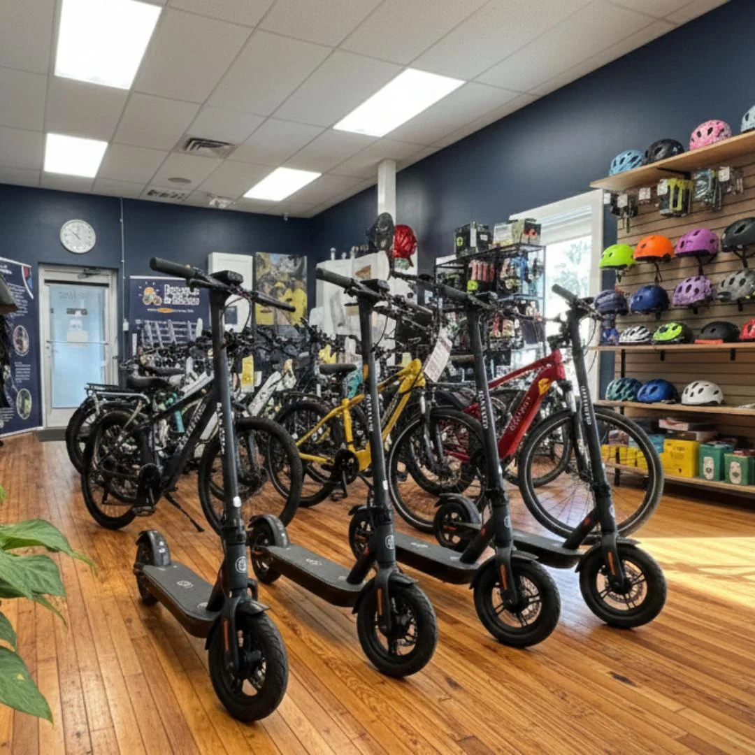 Scooters displayed in a neighborhood retail shop