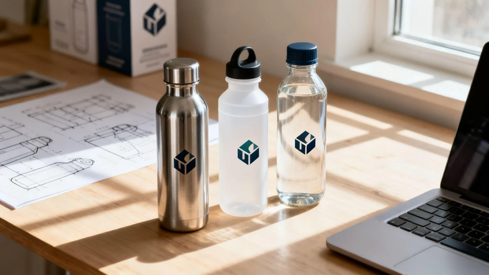 Drinkware samples in different materials on a desk